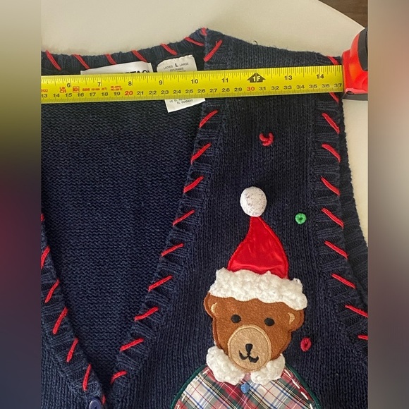 Festive Navy Holiday Sweater Vest with Bear and Candy Cane Design Size L - Picture 6 of 11